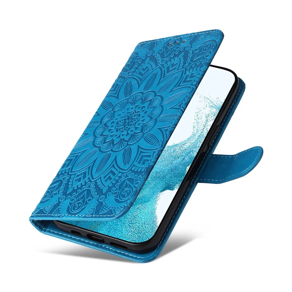 Smartphone Case For Samsung Galaxy A34 5G PU Leather Sunflower Imprinted Magnetic Closure Stand Wallet Phone Cover with Hand Strap - Blue - 5
