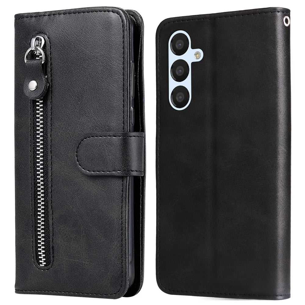 For Samsung Galaxy A34 5G Drop-proof Cell Phone Cover Calf Texture PU Leather Zipper Pocket Phone Case with Stand Wallet - Black - 1