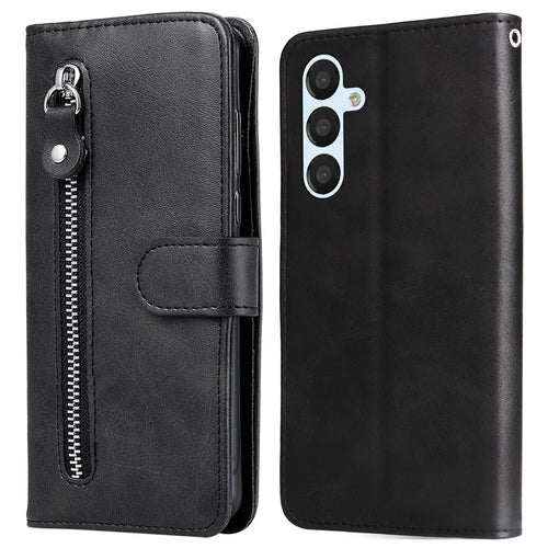For Samsung Galaxy A34 5G Drop-proof Cell Phone Cover Calf Texture PU Leather Zipper Pocket Phone Case with Stand Wallet - Black - 1