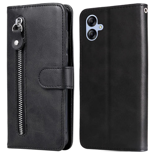 For Samsung Galaxy A04e 4G / F04 4G / M04 4G Calf Texture PU Leather Zipper Pocket Phone Case Stand Wallet Full Protection Cover - Black - 1
