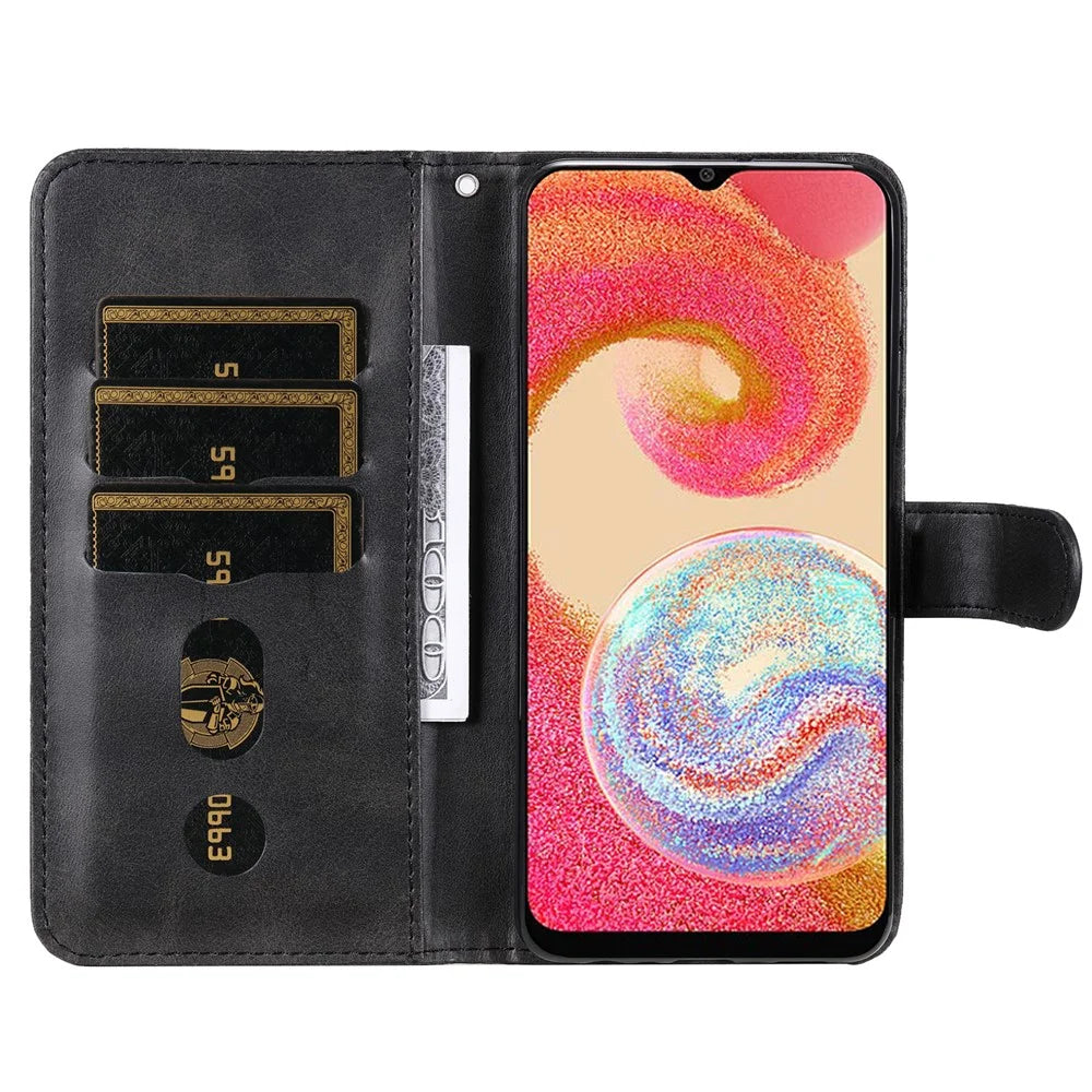 For Samsung Galaxy A04e 4G / F04 4G / M04 4G Calf Texture PU Leather Zipper Pocket Phone Case Stand Wallet Full Protection Cover - Black - 2