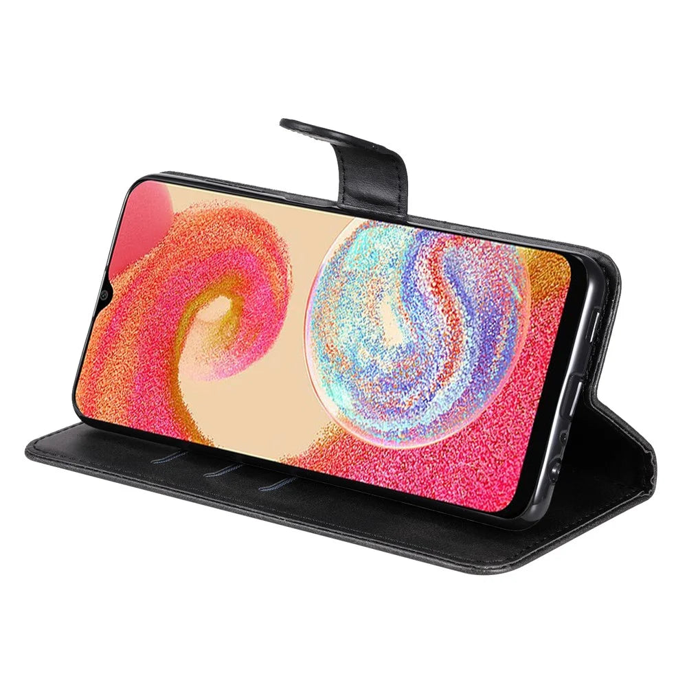 For Samsung Galaxy A04e 4G / F04 4G / M04 4G Calf Texture PU Leather Zipper Pocket Phone Case Stand Wallet Full Protection Cover - Black - 3