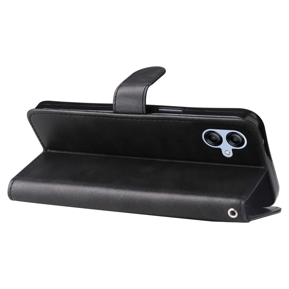 For Samsung Galaxy A04e 4G / F04 4G / M04 4G Calf Texture PU Leather Zipper Pocket Phone Case Stand Wallet Full Protection Cover - Black - 4
