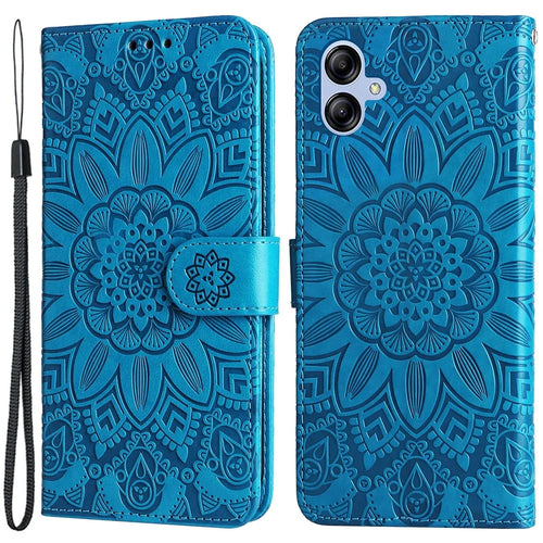 For Samsung Galaxy A04e 4G / F04 4G / M04 4G Anti-fading PU Leather Sunflower Imprinted Stand Phone Case Magnetic Closure Cover with Hand Strap - Blue - 1