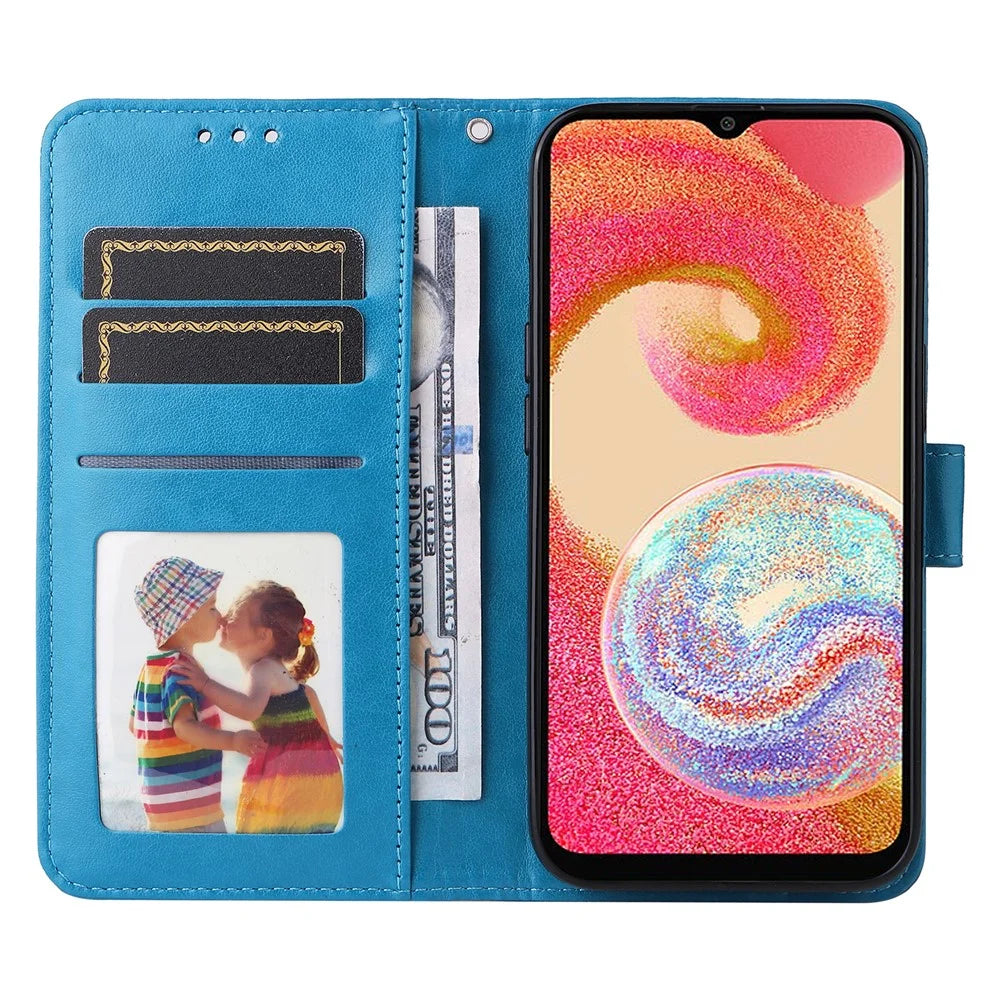 For Samsung Galaxy A04e 4G / F04 4G / M04 4G Anti-fading PU Leather Sunflower Imprinted Stand Phone Case Magnetic Closure Cover with Hand Strap - Blue - 2