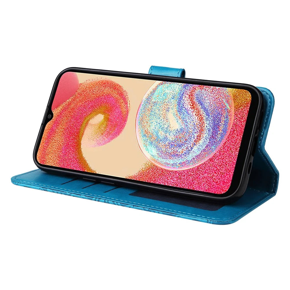 For Samsung Galaxy A04e 4G / F04 4G / M04 4G Anti-fading PU Leather Sunflower Imprinted Stand Phone Case Magnetic Closure Cover with Hand Strap - Blue - 3