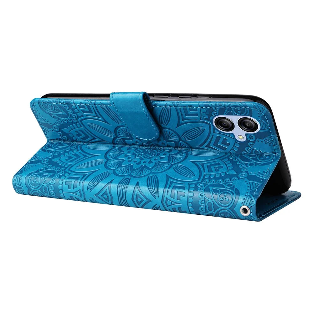 For Samsung Galaxy A04e 4G / F04 4G / M04 4G Anti-fading PU Leather Sunflower Imprinted Stand Phone Case Magnetic Closure Cover with Hand Strap - Blue - 4