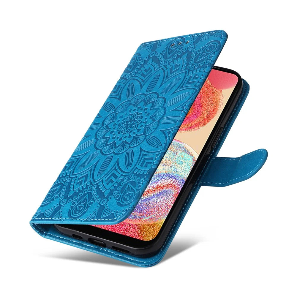 For Samsung Galaxy A04e 4G / F04 4G / M04 4G Anti-fading PU Leather Sunflower Imprinted Stand Phone Case Magnetic Closure Cover with Hand Strap - Blue - 5
