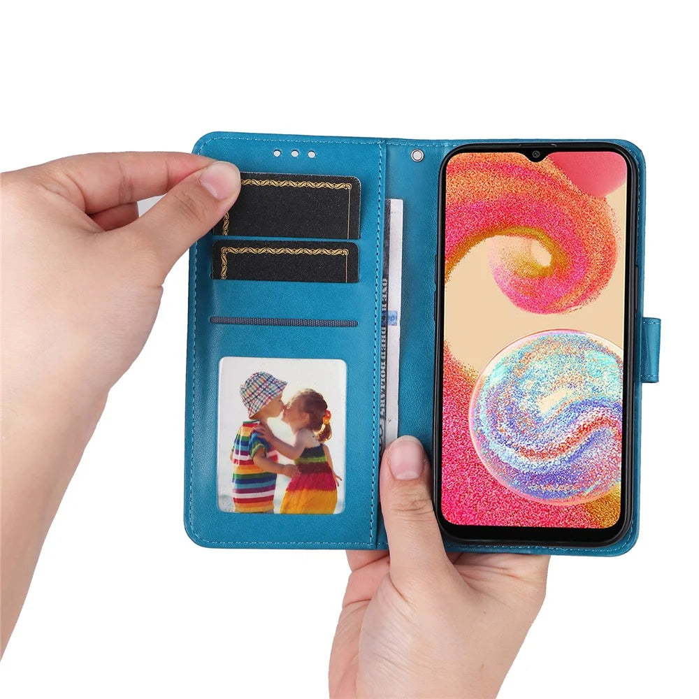 For Samsung Galaxy A04e 4G / F04 4G / M04 4G Anti-fading PU Leather Sunflower Imprinted Stand Phone Case Magnetic Closure Cover with Hand Strap - Blue - 7