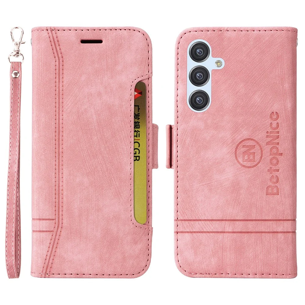BETOPNICE 001 For Samsung Galaxy A34 5G Imprinted Line Stitching Full Protection PU Leather Case Wallet Stand Cell Phone Cover - Pink - 1