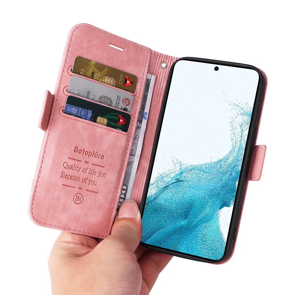 BETOPNICE 001 For Samsung Galaxy A34 5G Imprinted Line Stitching Full Protection PU Leather Case Wallet Stand Cell Phone Cover - Pink - 6