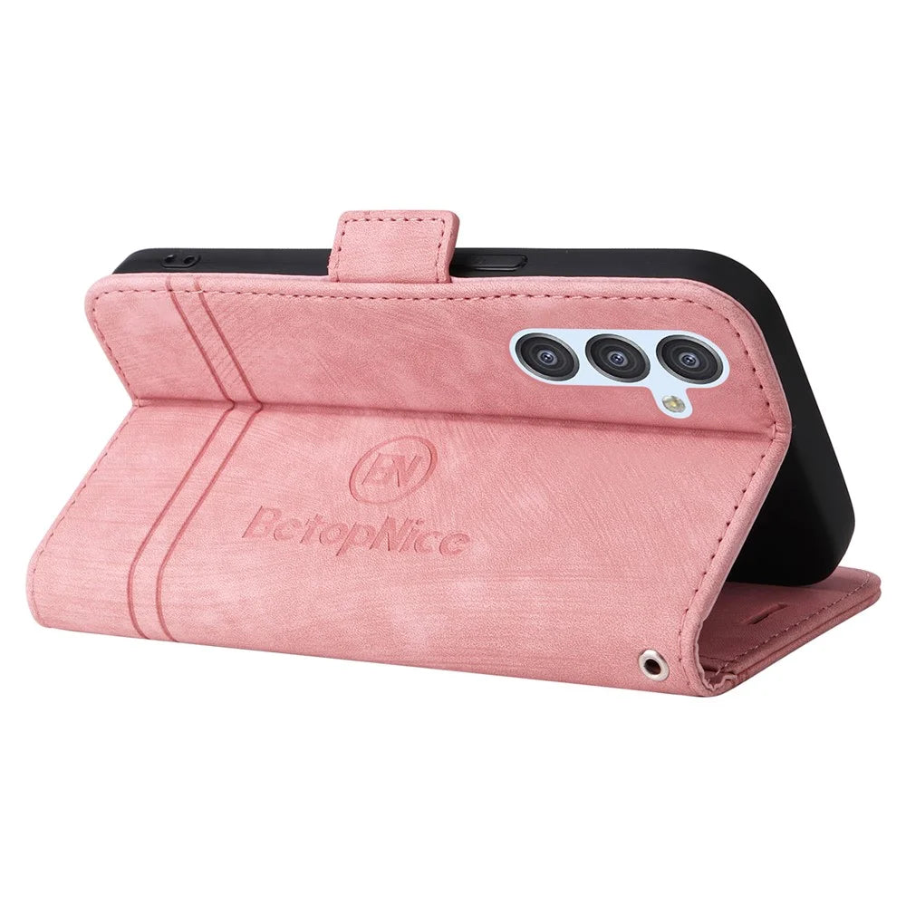 BETOPNICE 001 For Samsung Galaxy A54 5G PU Leather Case Drop Protection Imprinted Line Stitching Wallet Stand Cell Phone Cover - Pink - 4
