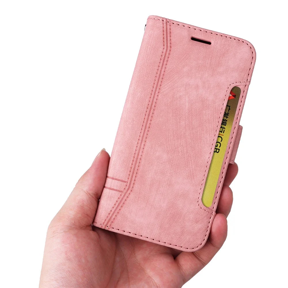 BETOPNICE 001 For Samsung Galaxy A54 5G PU Leather Case Drop Protection Imprinted Line Stitching Wallet Stand Cell Phone Cover - Pink - 7