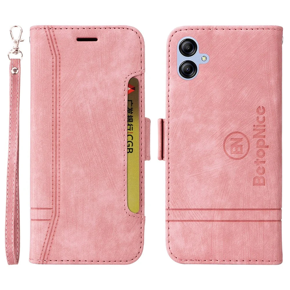 BETOPNICE 001 Cell Phone Cover for Samsung Galaxy A04e 4G / F04 4G / M04 4G , Full Protection Wallet Stand Imprinted Line Stitching PU Leather Case - Pink - 1