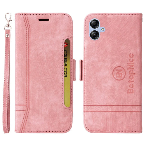 BETOPNICE 001 Cell Phone Cover for Samsung Galaxy A04e 4G / F04 4G / M04 4G , Full Protection Wallet Stand Imprinted Line Stitching PU Leather Case - Pink - 1