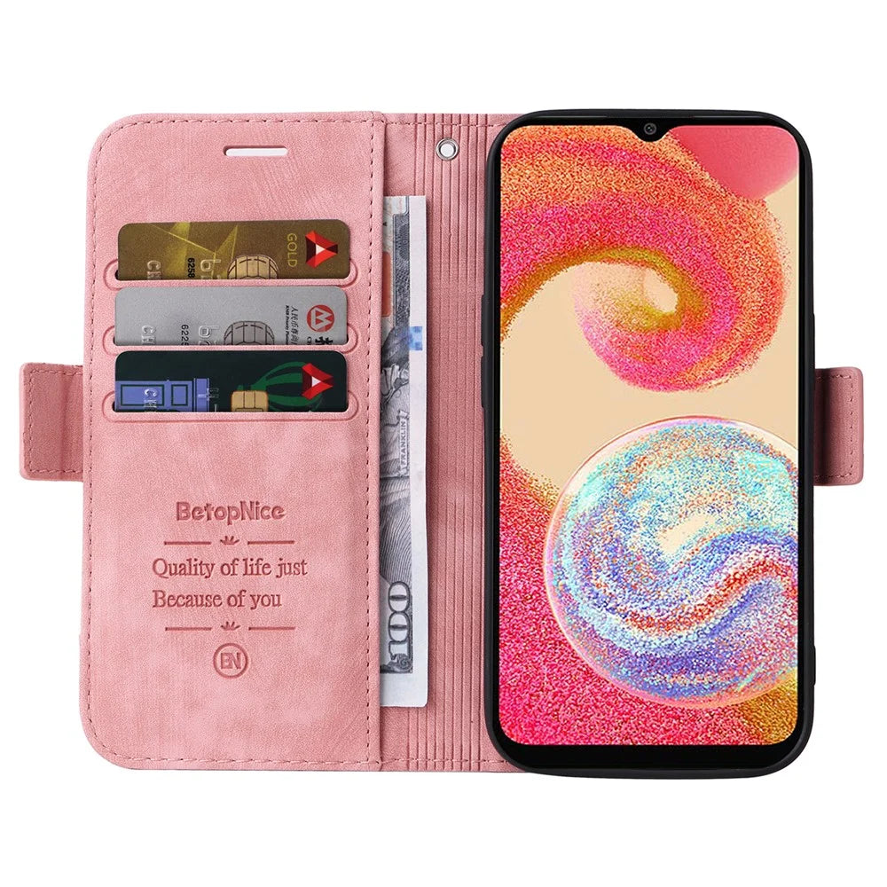 BETOPNICE 001 Cell Phone Cover for Samsung Galaxy A04e 4G / F04 4G / M04 4G , Full Protection Wallet Stand Imprinted Line Stitching PU Leather Case - Pink - 2