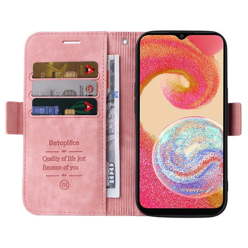 BETOPNICE 001 Cell Phone Cover for Samsung Galaxy A04e 4G / F04 4G / M04 4G , Full Protection Wallet Stand Imprinted Line Stitching PU Leather Case - Pink - 2