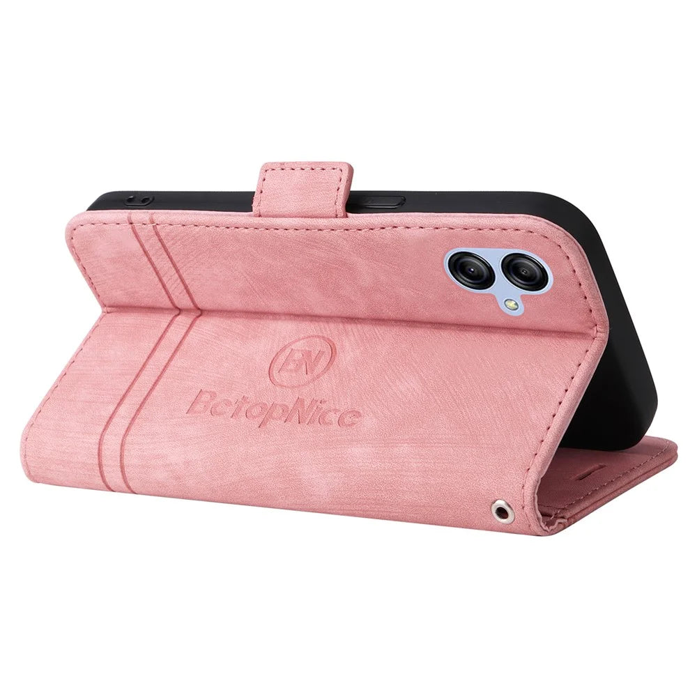 BETOPNICE 001 Cell Phone Cover for Samsung Galaxy A04e 4G / F04 4G / M04 4G , Full Protection Wallet Stand Imprinted Line Stitching PU Leather Case - Pink - 4