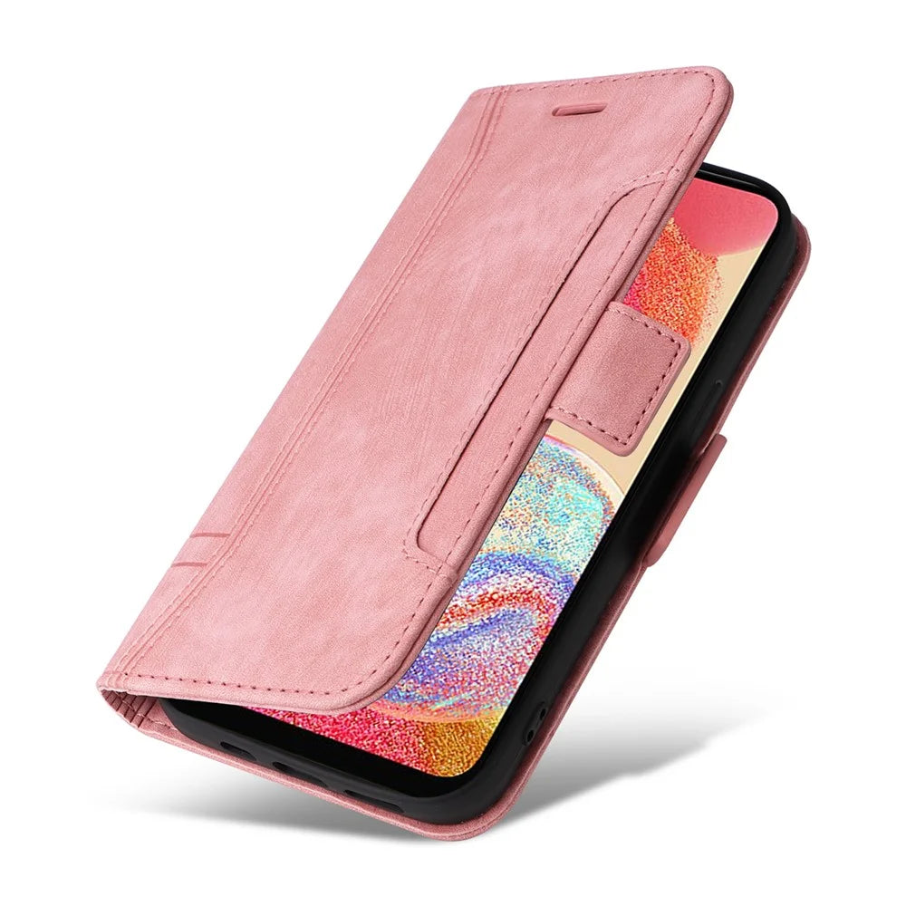 BETOPNICE 001 Cell Phone Cover for Samsung Galaxy A04e 4G / F04 4G / M04 4G , Full Protection Wallet Stand Imprinted Line Stitching PU Leather Case - Pink - 5