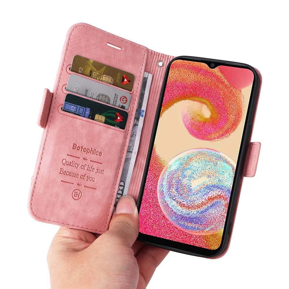 BETOPNICE 001 Cell Phone Cover for Samsung Galaxy A04e 4G / F04 4G / M04 4G , Full Protection Wallet Stand Imprinted Line Stitching PU Leather Case - Pink - 6