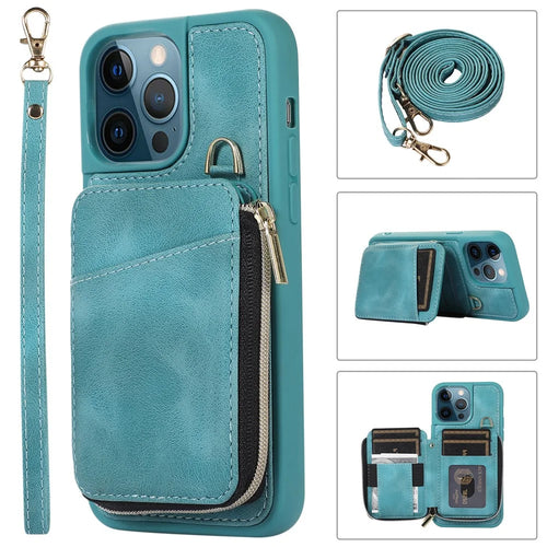 For iPhone 13 Pro Max 6.7 inch Card Bag Design Kickstand Cover Shockproof PU Leather Coated TPU Phone Case with Hand and Shoulder Strap - Green - 1