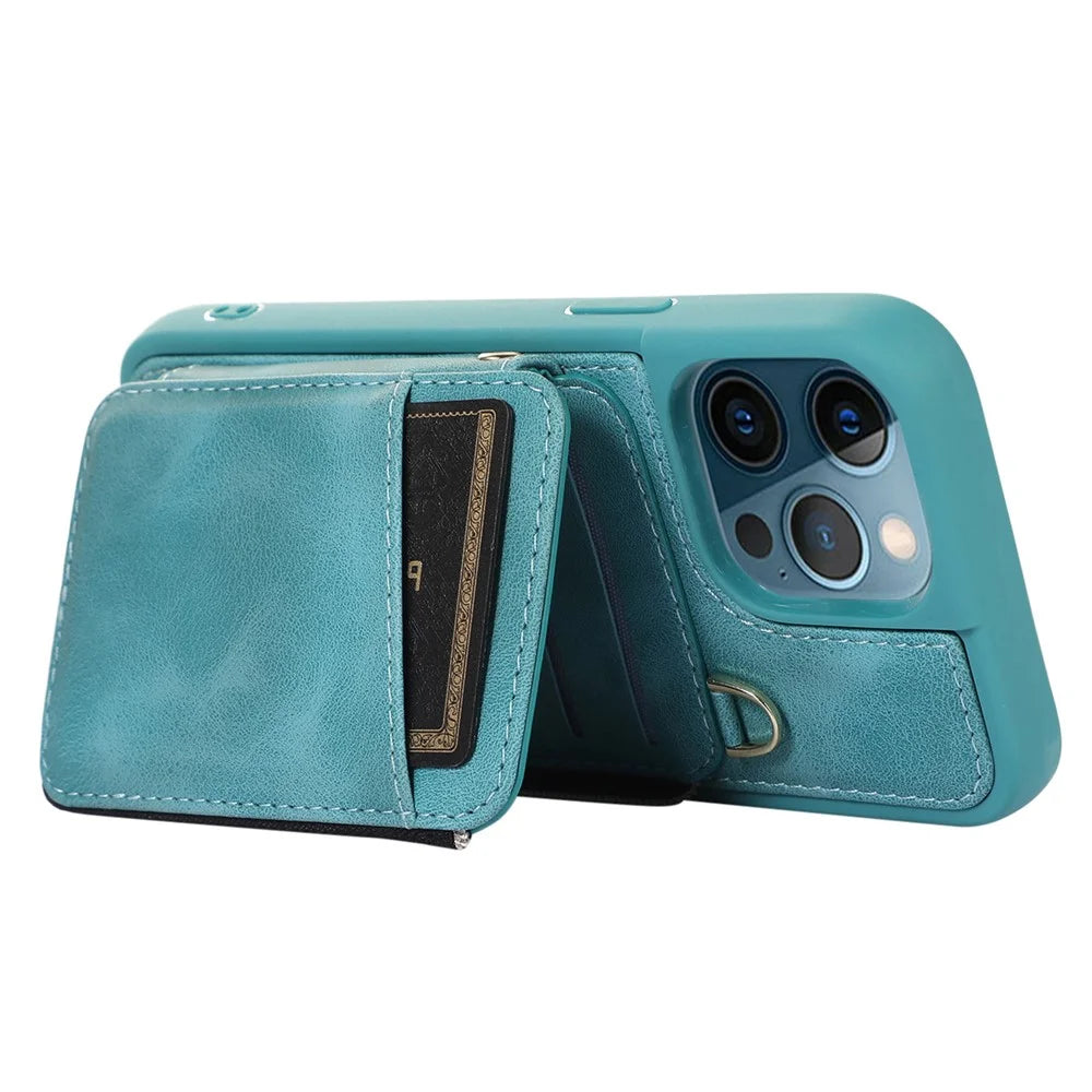 For iPhone 13 Pro Max 6.7 inch Card Bag Design Kickstand Cover Shockproof PU Leather Coated TPU Phone Case with Hand and Shoulder Strap - Green - 3