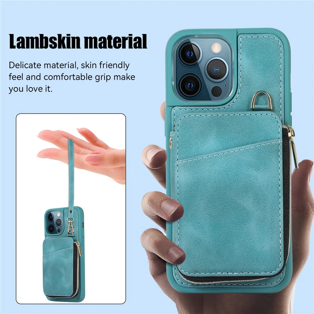 For iPhone 13 Pro Max 6.7 inch Card Bag Design Kickstand Cover Shockproof PU Leather Coated TPU Phone Case with Hand and Shoulder Strap - Green - 5