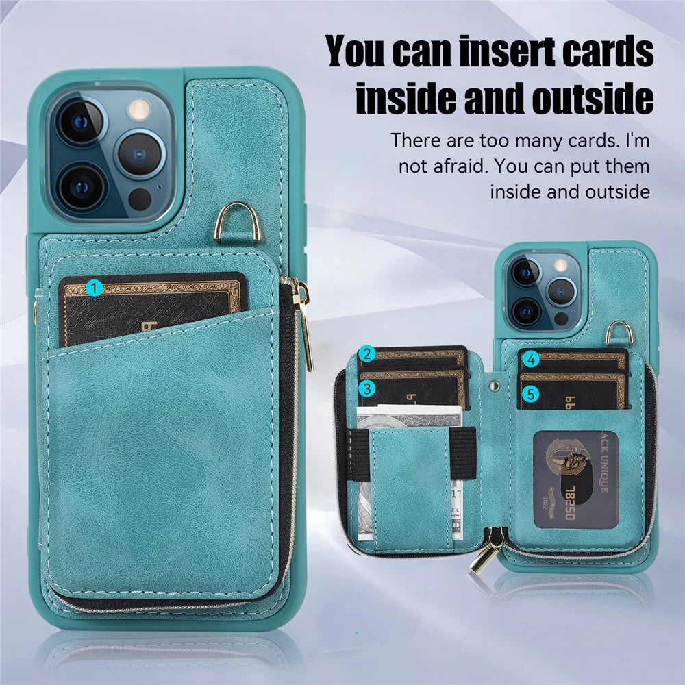 For iPhone 13 Pro Max 6.7 inch Card Bag Design Kickstand Cover Shockproof PU Leather Coated TPU Phone Case with Hand and Shoulder Strap - Green - 7