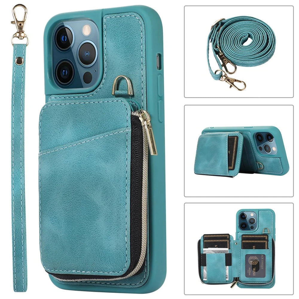 For iPhone 14 Pro Max Case with Hand and Shoulder Strap Card Bag Design Kickstand Phone Cover - Green - 1