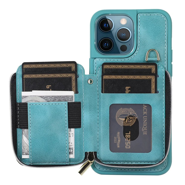 For iPhone 14 Pro Max Case with Hand and Shoulder Strap Card Bag Design Kickstand Phone Cover - Green - 2