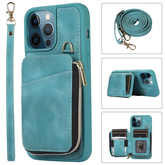 For iPhone 14 Pro Card Bag Design Kickstand Cover Drop Proof PU Leather Coated TPU Phone Case with Hand and Shoulder Strap - Green - 1