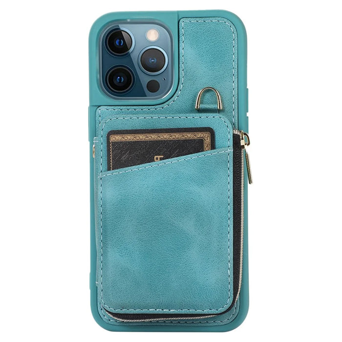 For iPhone 14 Pro Card Bag Design Kickstand Cover Drop Proof PU Leather Coated TPU Phone Case with Hand and Shoulder Strap - Green - 4