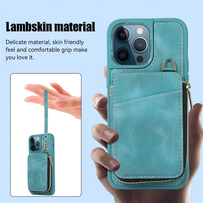 For iPhone 14 Pro Card Bag Design Kickstand Cover Drop Proof PU Leather Coated TPU Phone Case with Hand and Shoulder Strap - Green - 5