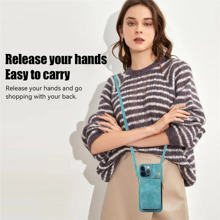 For iPhone 14 Pro Card Bag Design Kickstand Cover Drop Proof PU Leather Coated TPU Phone Case with Hand and Shoulder Strap - Green - 6