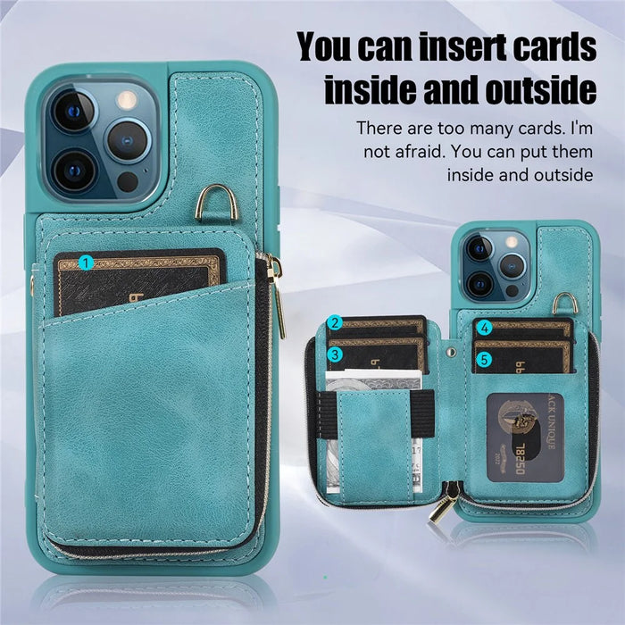 For iPhone 14 Pro Card Bag Design Kickstand Cover Drop Proof PU Leather Coated TPU Phone Case with Hand and Shoulder Strap - Green - 7