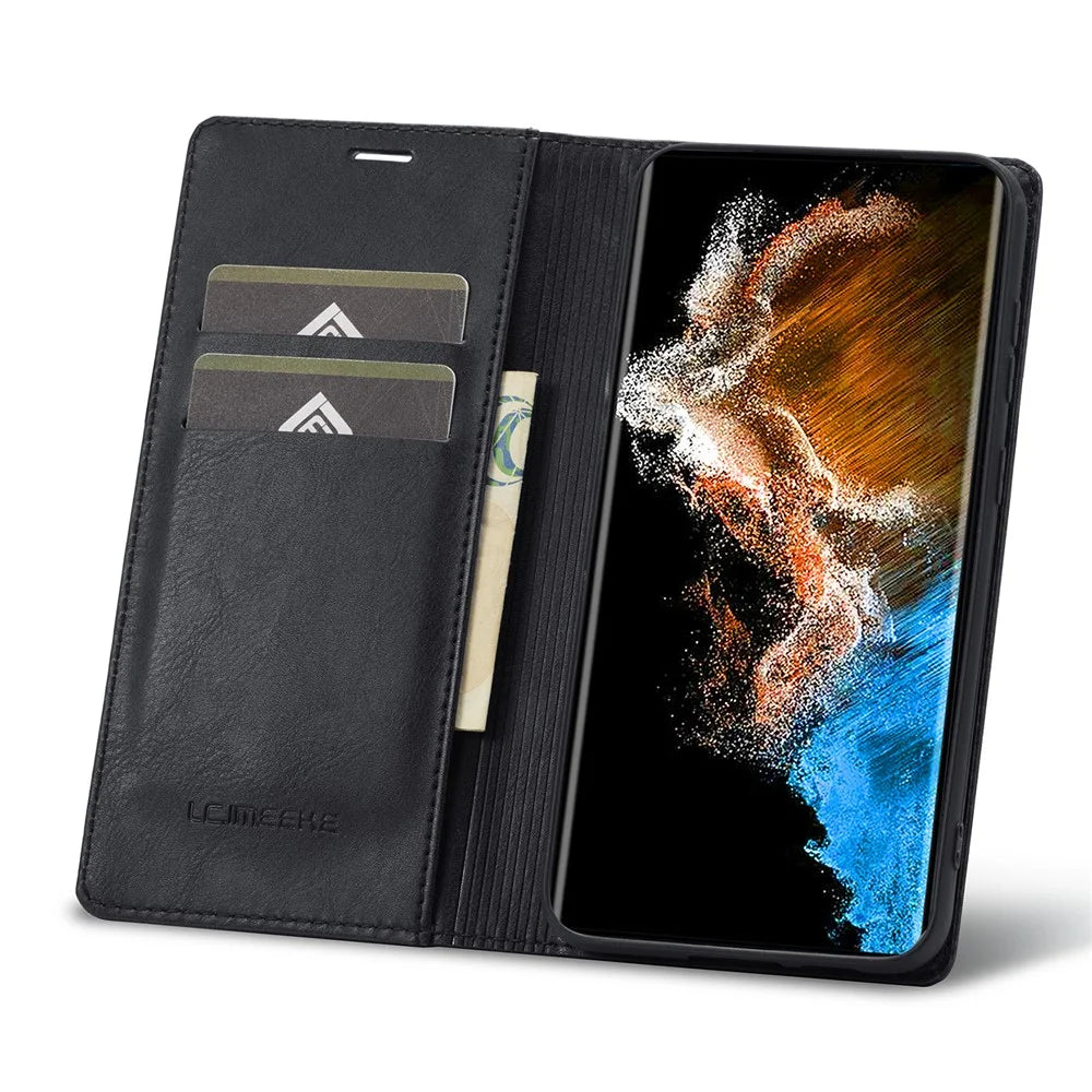LC.IMEEKE For Samsung Galaxy S23 Shockproof Anti-scratch PU Leather Flip Wallet Case RFID Blocking Inner TPU Stand Magnetic Absorption Cover - Black - 2