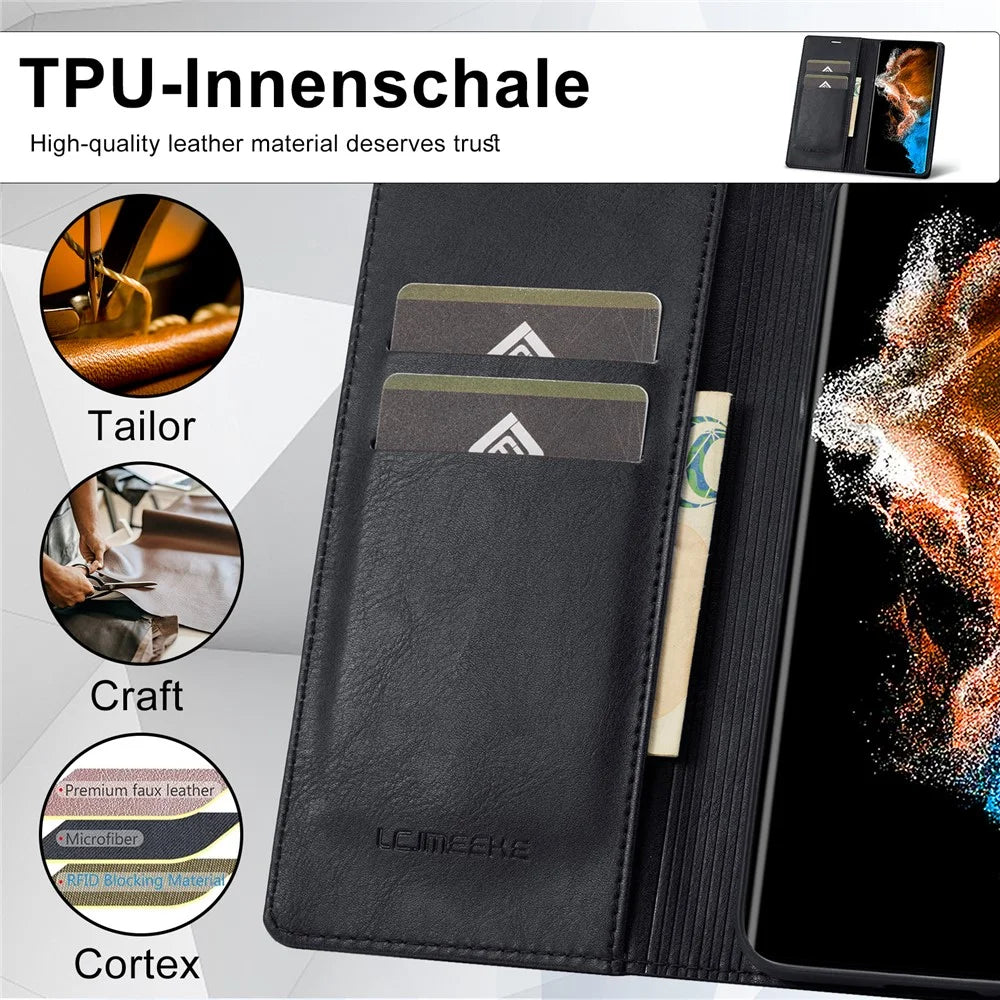 LC.IMEEKE For Samsung Galaxy S23 Shockproof Anti-scratch PU Leather Flip Wallet Case RFID Blocking Inner TPU Stand Magnetic Absorption Cover - Black - 5
