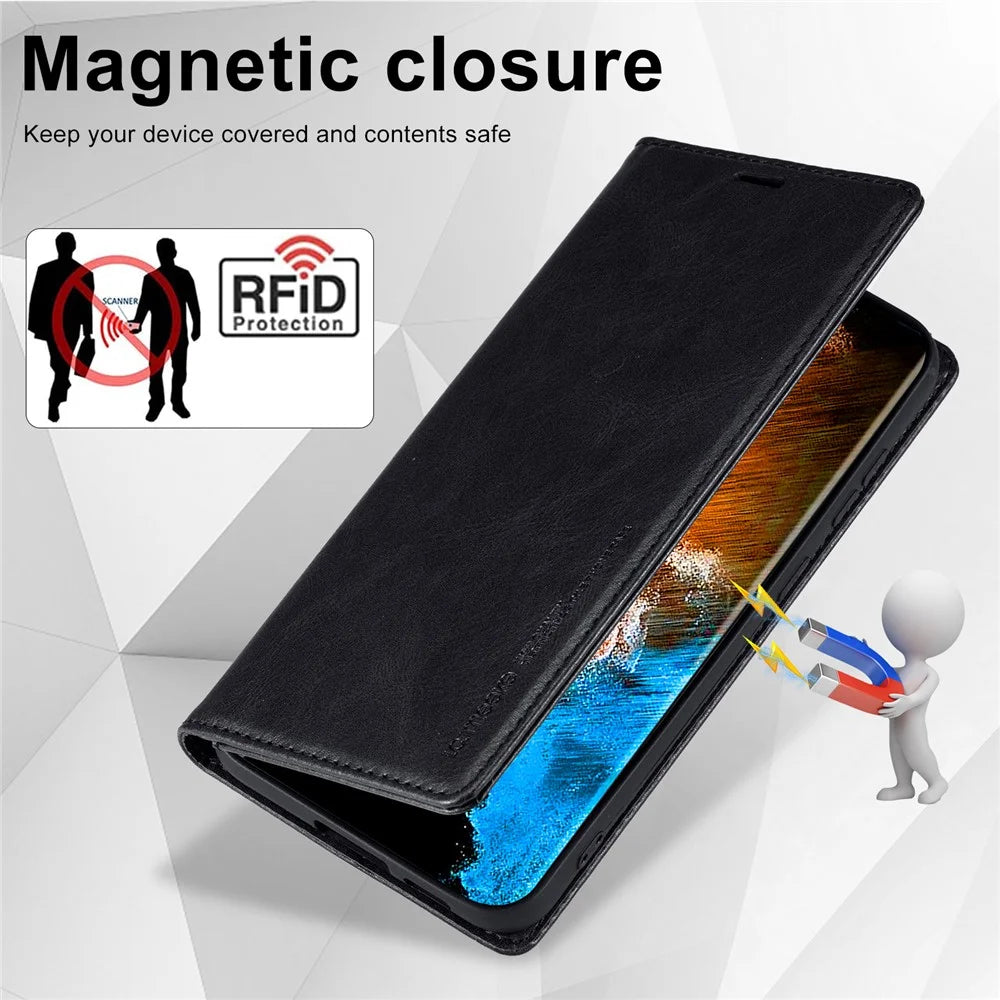 LC.IMEEKE For Samsung Galaxy S23 Shockproof Anti-scratch PU Leather Flip Wallet Case RFID Blocking Inner TPU Stand Magnetic Absorption Cover - Black - 6