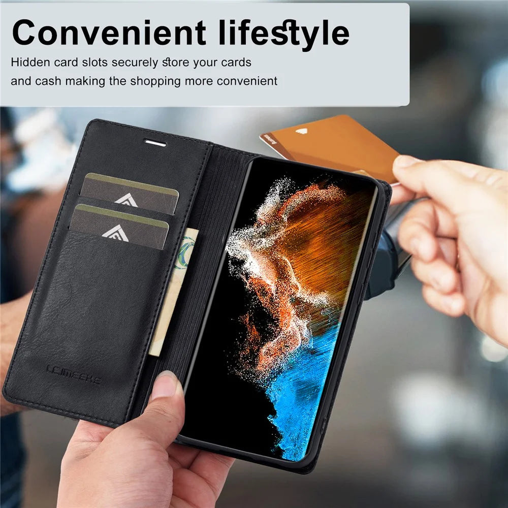 LC.IMEEKE For Samsung Galaxy S23 Shockproof Anti-scratch PU Leather Flip Wallet Case RFID Blocking Inner TPU Stand Magnetic Absorption Cover - Black - 7
