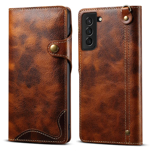 For Samsung Galaxy S23 Oil Wax Texture Magnetic Button Closure Phone Case Genuine Leather Wallet Cover with Strap - Brown - 1