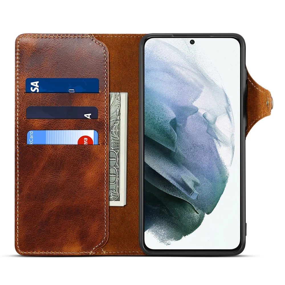 For Samsung Galaxy S23 Oil Wax Texture Magnetic Button Closure Phone Case Genuine Leather Wallet Cover with Strap - Brown - 2