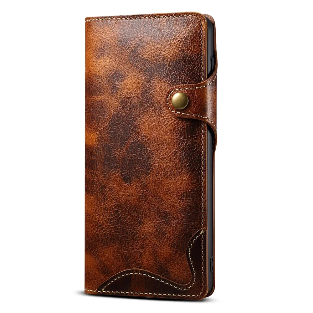 For Samsung Galaxy S23 Oil Wax Texture Magnetic Button Closure Phone Case Genuine Leather Wallet Cover with Strap - Brown - 4