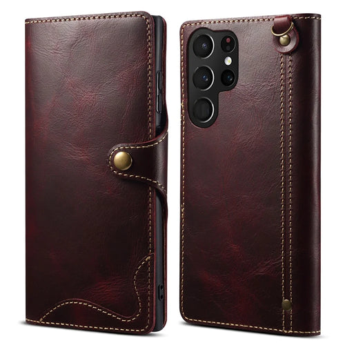For Samsung Galaxy S23 Ultra Oil Wax Texture Magnetic Button Closure Genuine Leather Case Wallet Full Protection Phone Cover with Strap - Wine Red - 1