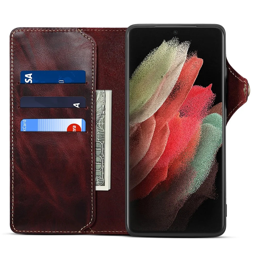 For Samsung Galaxy S23 Ultra Oil Wax Texture Magnetic Button Closure Genuine Leather Case Wallet Full Protection Phone Cover with Strap - Wine Red - 2