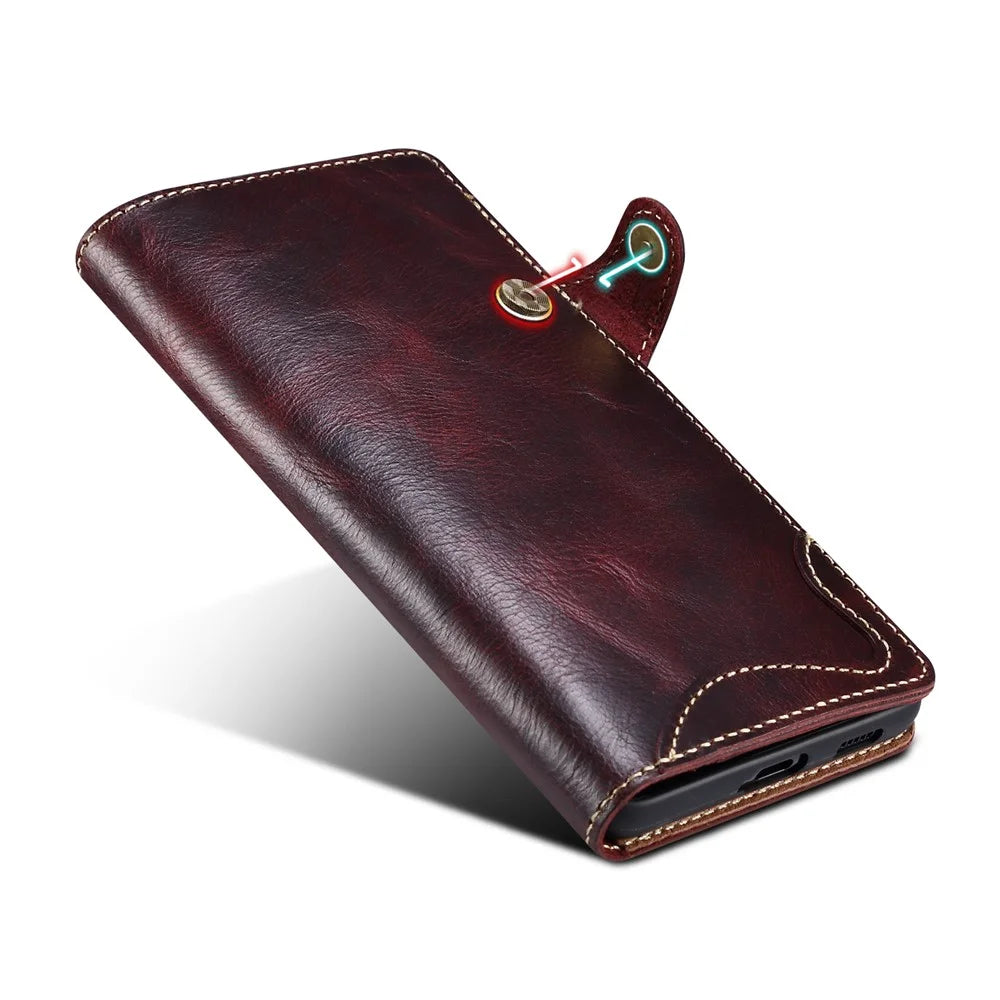 For Samsung Galaxy S23 Ultra Oil Wax Texture Magnetic Button Closure Genuine Leather Case Wallet Full Protection Phone Cover with Strap - Wine Red - 3