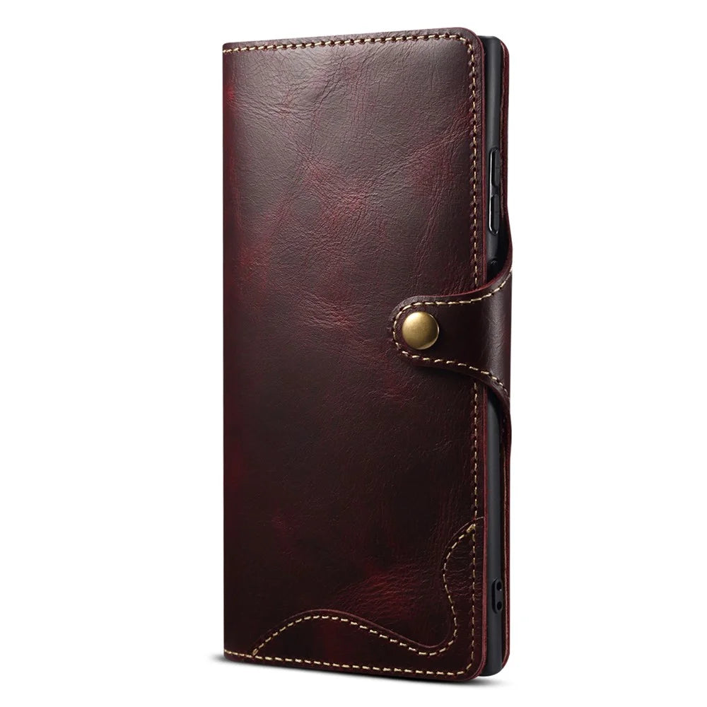 For Samsung Galaxy S23 Ultra Oil Wax Texture Magnetic Button Closure Genuine Leather Case Wallet Full Protection Phone Cover with Strap - Wine Red - 4