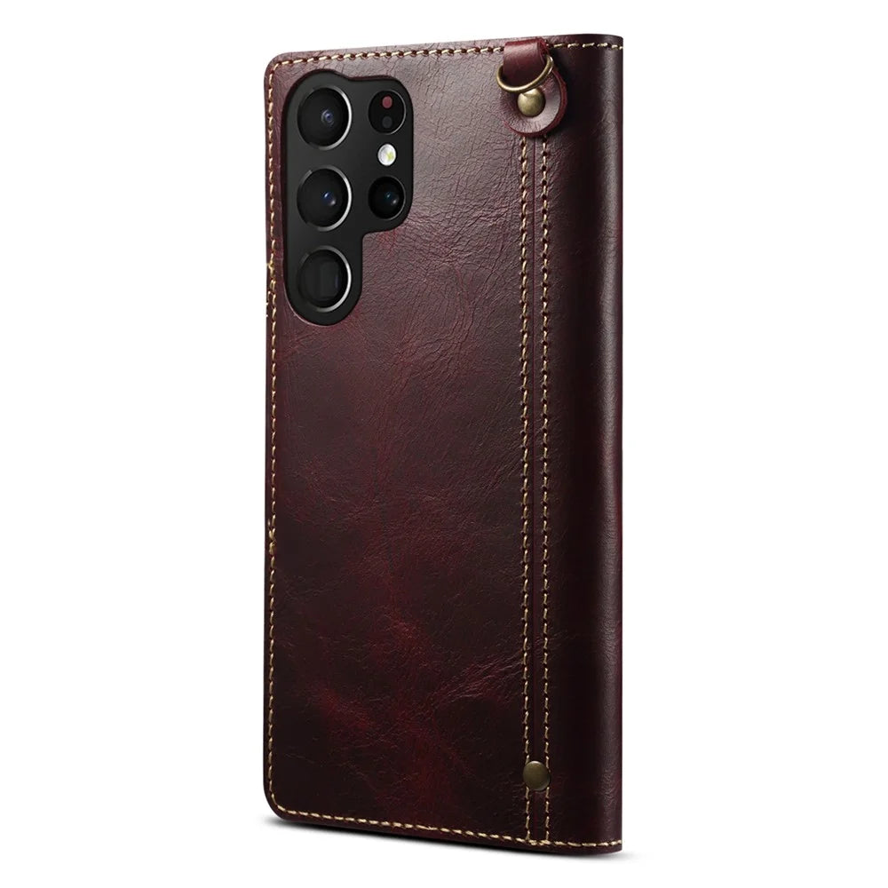 For Samsung Galaxy S23 Ultra Oil Wax Texture Magnetic Button Closure Genuine Leather Case Wallet Full Protection Phone Cover with Strap - Wine Red - 5
