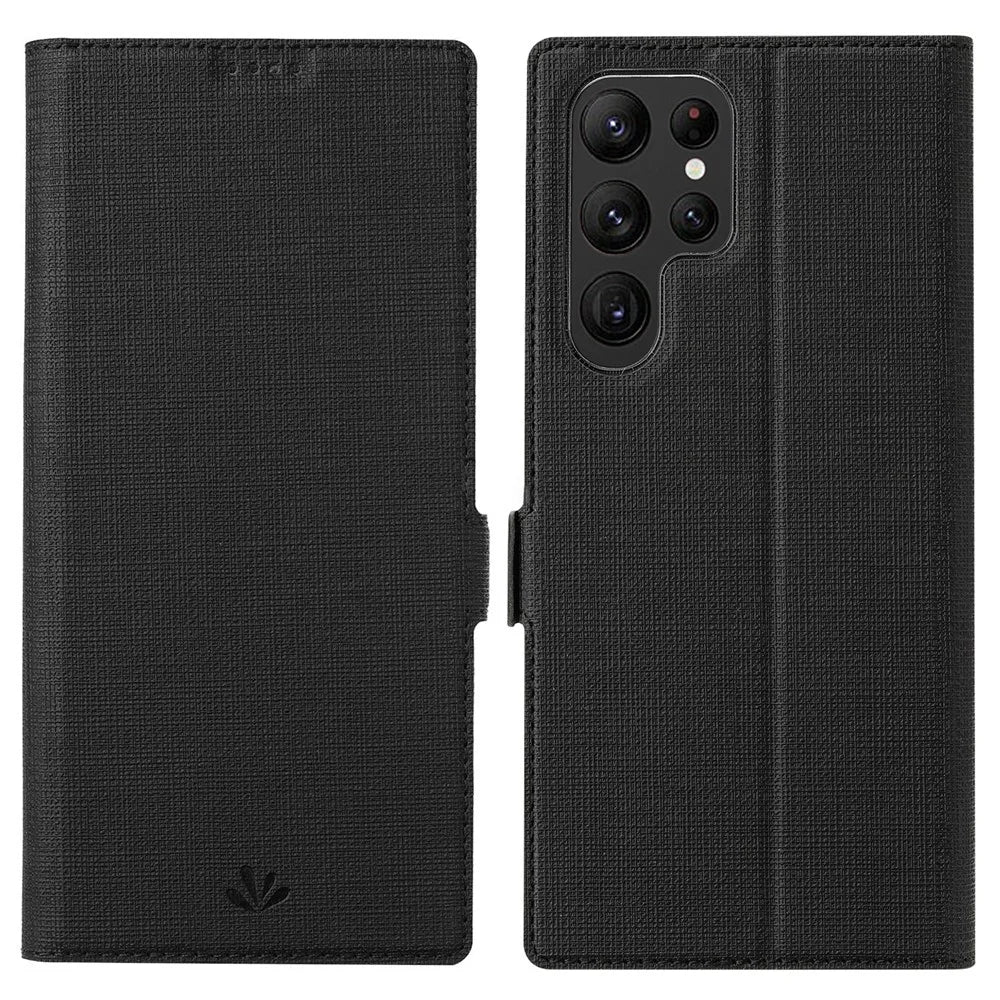 VILI K Series for Samsung Galaxy S23 Ultra PU Leather Wallet Phone Case Double Magnetic Clasp Viewing Stand, Protective Flip Folio Cover - Black - 1