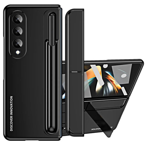 For Samsung Galaxy Z Fold4 5G Hinge Protection Kickstand Phone Case Hard PC Drop Proof Shell with Tempered Glass Screen Film - Black - 1