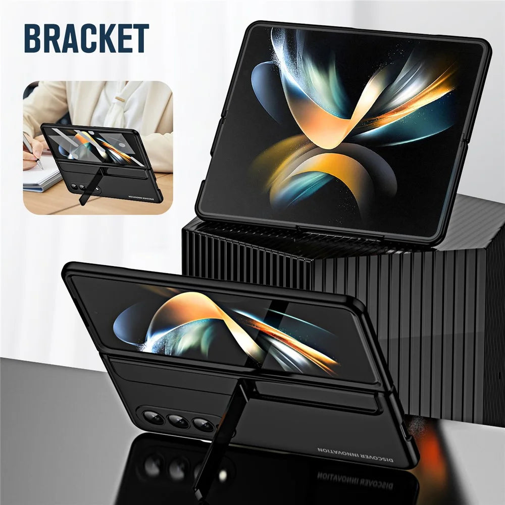 For Samsung Galaxy Z Fold4 5G Hinge Protection Kickstand Phone Case Hard PC Drop Proof Shell with Tempered Glass Screen Film - Black - 4